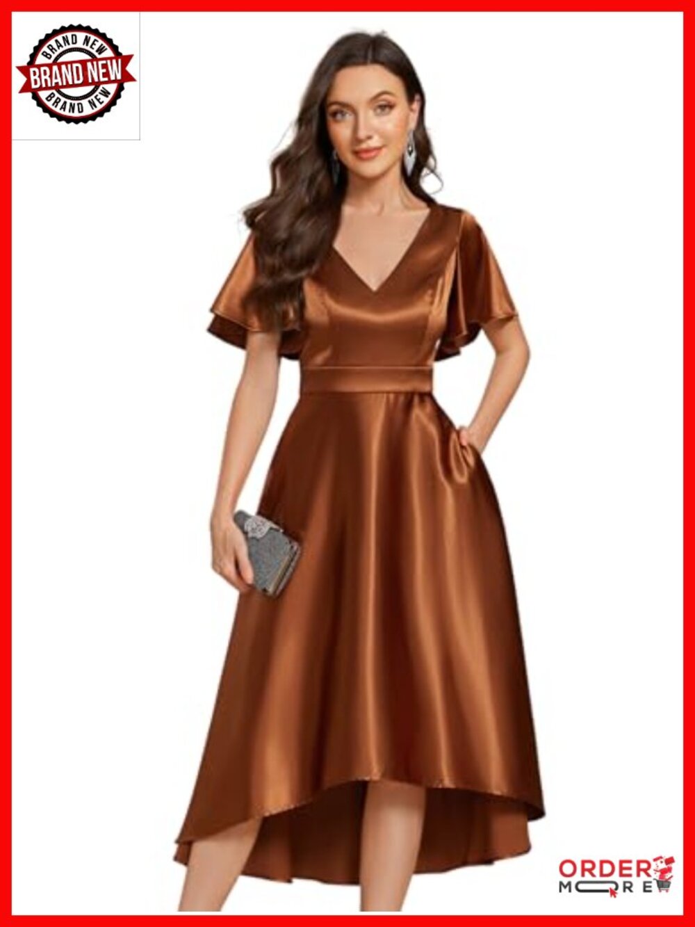 Satin Short Sleeve A-Line V-Neck Knee-Length Wedding Guest Dress with Pockets